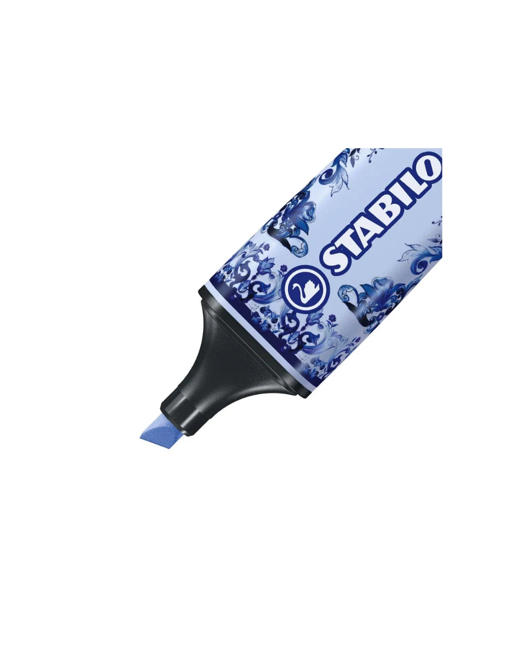 Vier STABILO BOSS markeerstiften met Dolce Gabbana print pastelblauw pastelgeel beige zwart